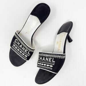 Chanel Vintage Black Embroidered Logo Slide Heels Size 37.5